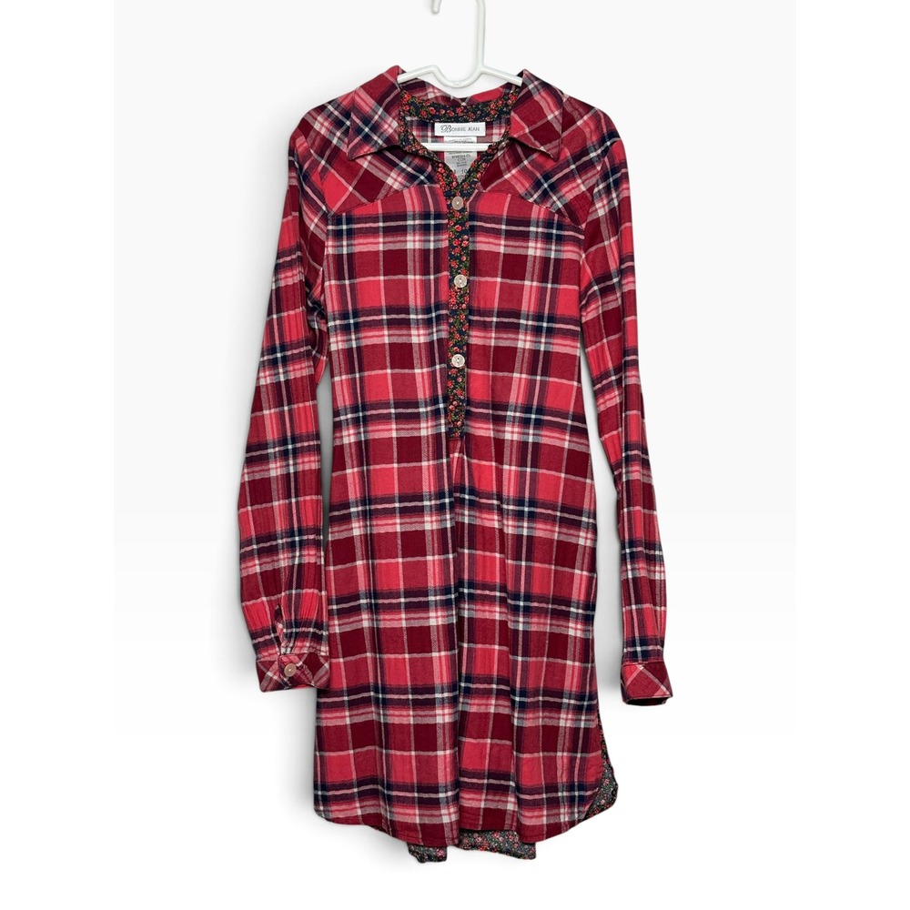 Bonnie Jean Girls Long Sleeve Red Plaid Floral Mixed Media Shirt Dress Size 10